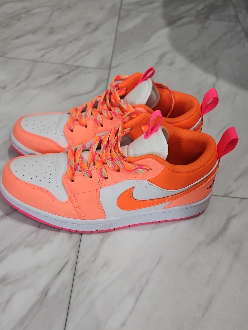Nike Women’s Air Jordan Neon Orange & White Low-Top Sneakers with Pink Accents